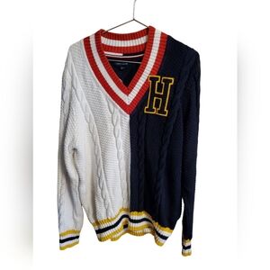 Tommy Hilfiger Red and White V-Neck Sweater Size XL